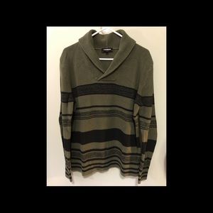 Express Men's Olive Striped Sweater, Shawl Collar